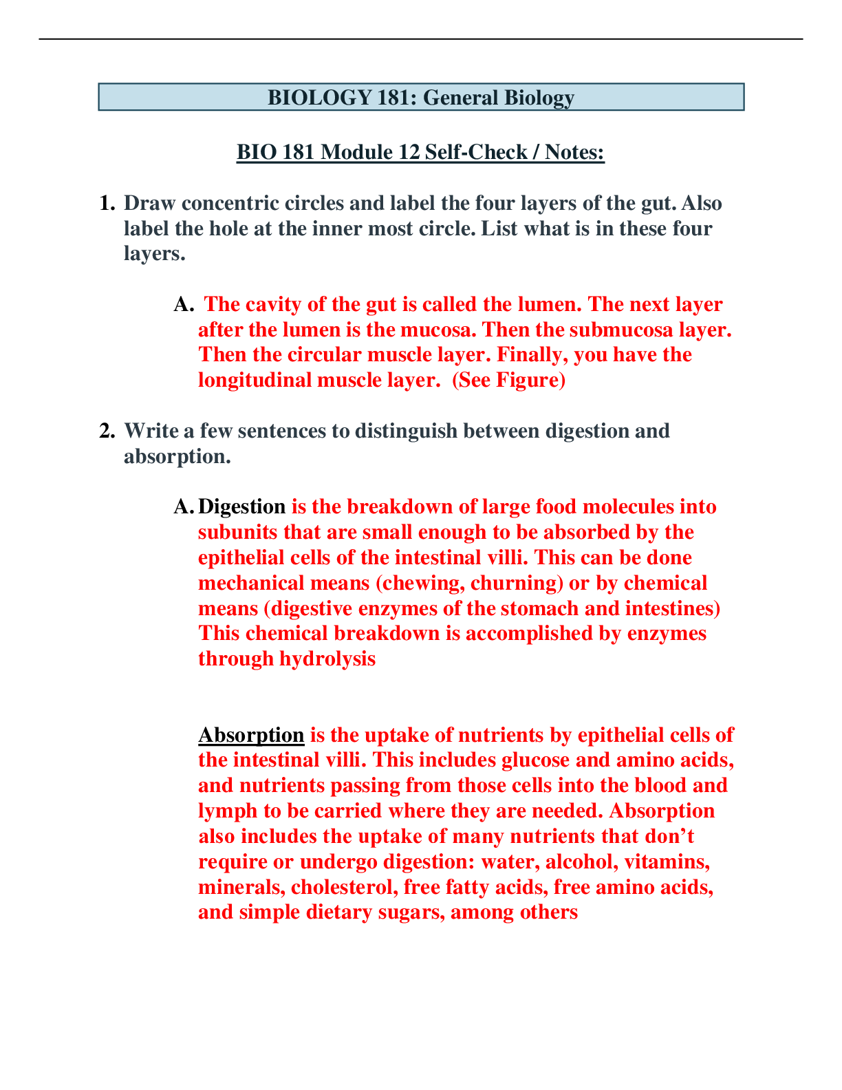 Preview of Arizona State University - BIO 181 Module 12 Self-Check General Biology I (Latest 2021) Co